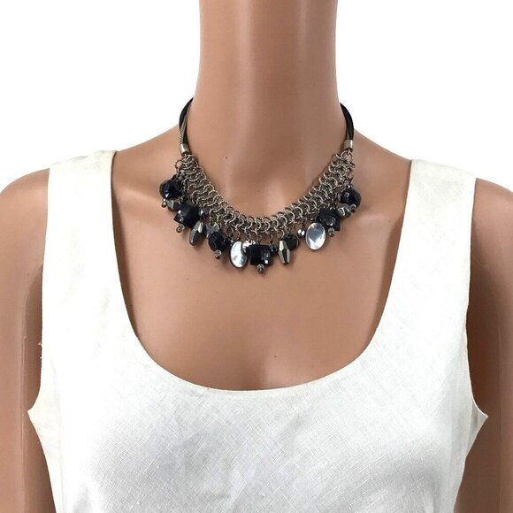 Chicos Beaded Fringe Statement Necklace Silver Tone Black Versatile Special Occa - Picture 2 of 2
